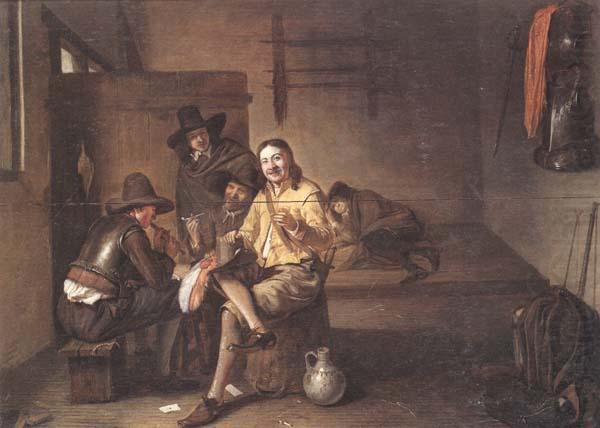 Pieter de Hooch A guardroom interior with an officer smiling and making a toast,together with a flute-player and other soldiers china oil painting image